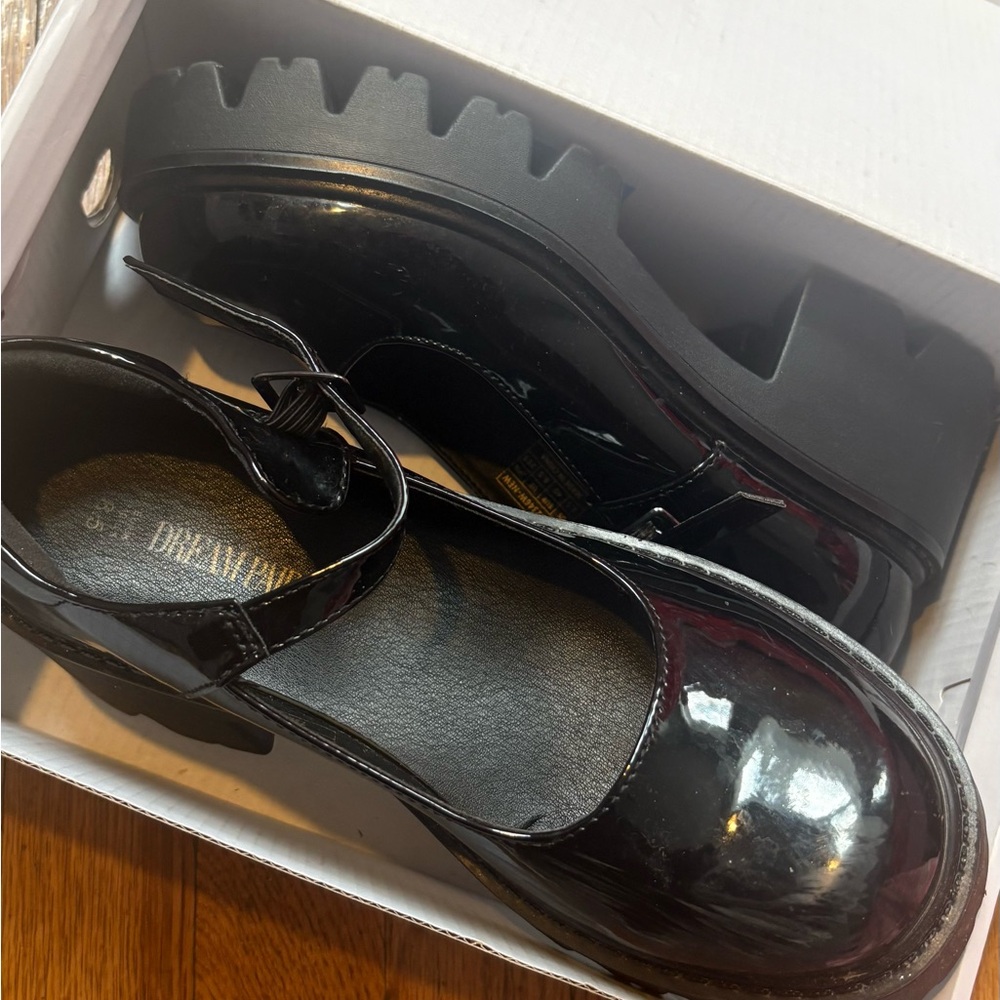 Mary Jane Black Patent Leather Mary Jane Flats with Chunky Lug Sole